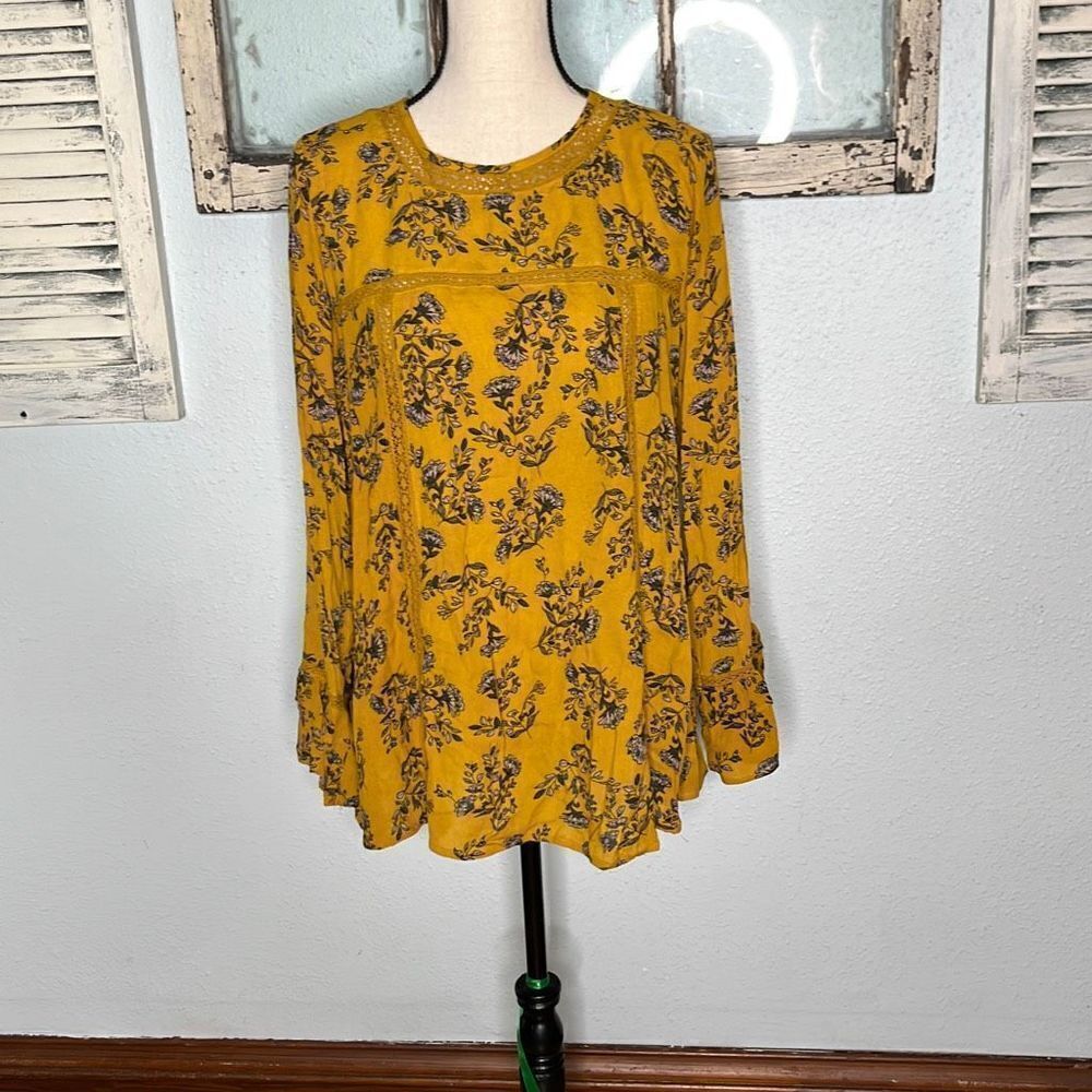 Altar'd State Women's Blouse Floral Long Sleeve Mustard Yellow Size Medium